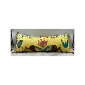 Creative Co-Op Lumbar Sofa Pillow Yellow Snail Embroidered Pom Pom Trim Cotton